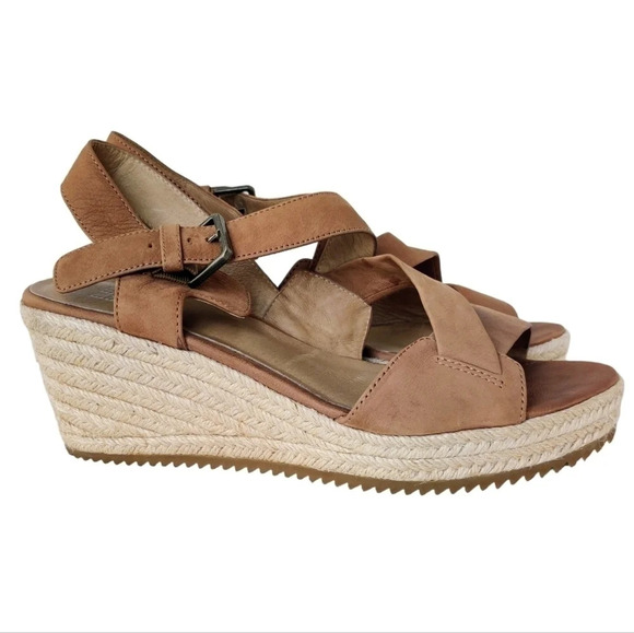 EILEEN FISHER Beckon Sandals 9.5 Leather Tan Espadrille Wedge - Picture 2 of 11